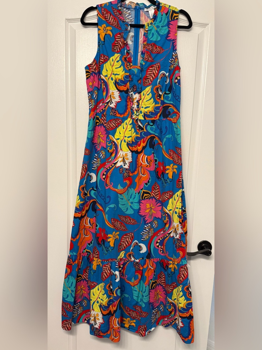 London Times Dress Size 12 Tropical Floral Maxi Ruffle Boho Resort Blue